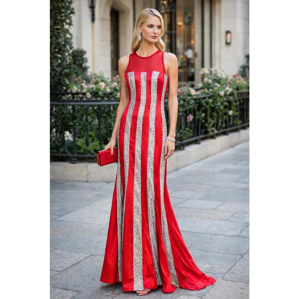 Scala Ashley Lauren Red Silver Beaded Sequin Striped Silk Mesh Satin Gown sz 0